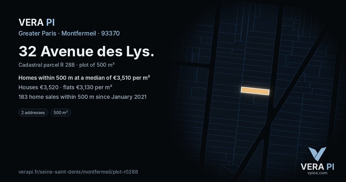 32 Avenue des Lys, Montfermeil at night – the plot lit, the parcels around coloured by the prices near them