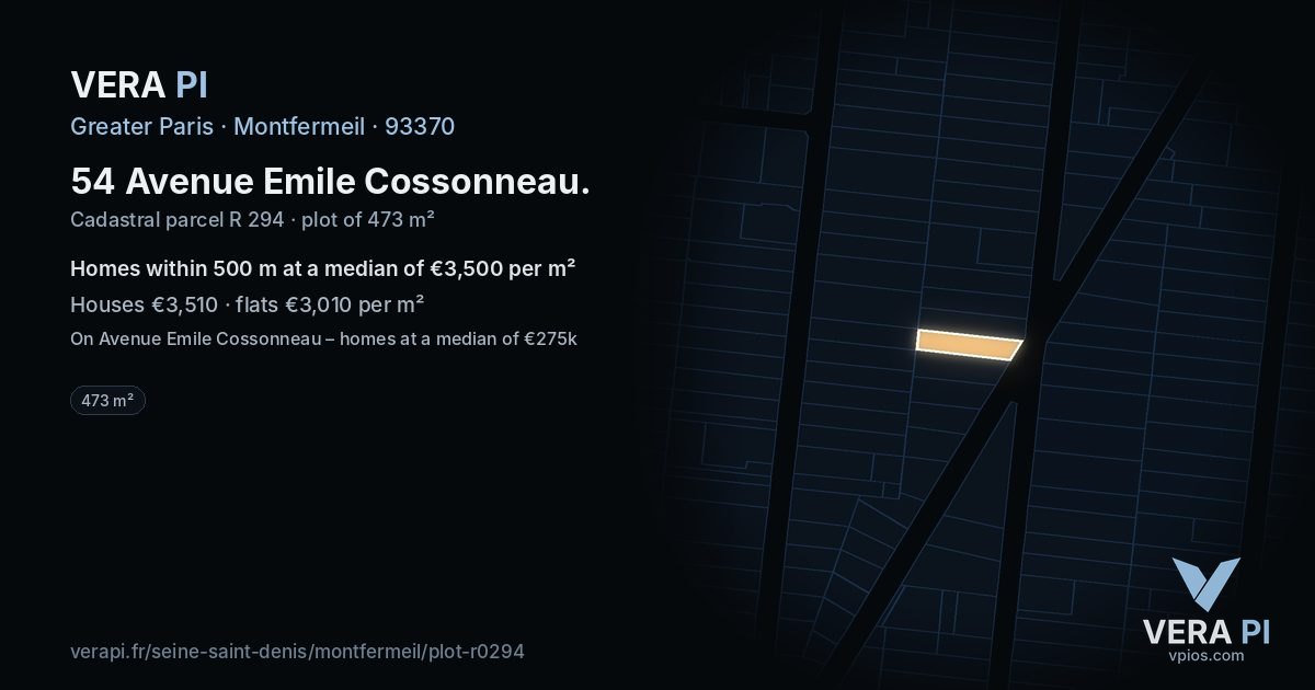 54 Avenue Emile Cossonneau, Montfermeil at night – the plot lit, the parcels around coloured by the prices near them