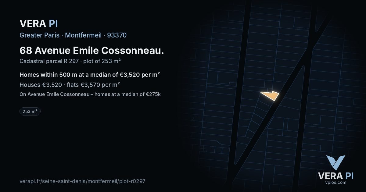 68 Avenue Emile Cossonneau, Montfermeil at night – the plot lit, the parcels around coloured by the prices near them