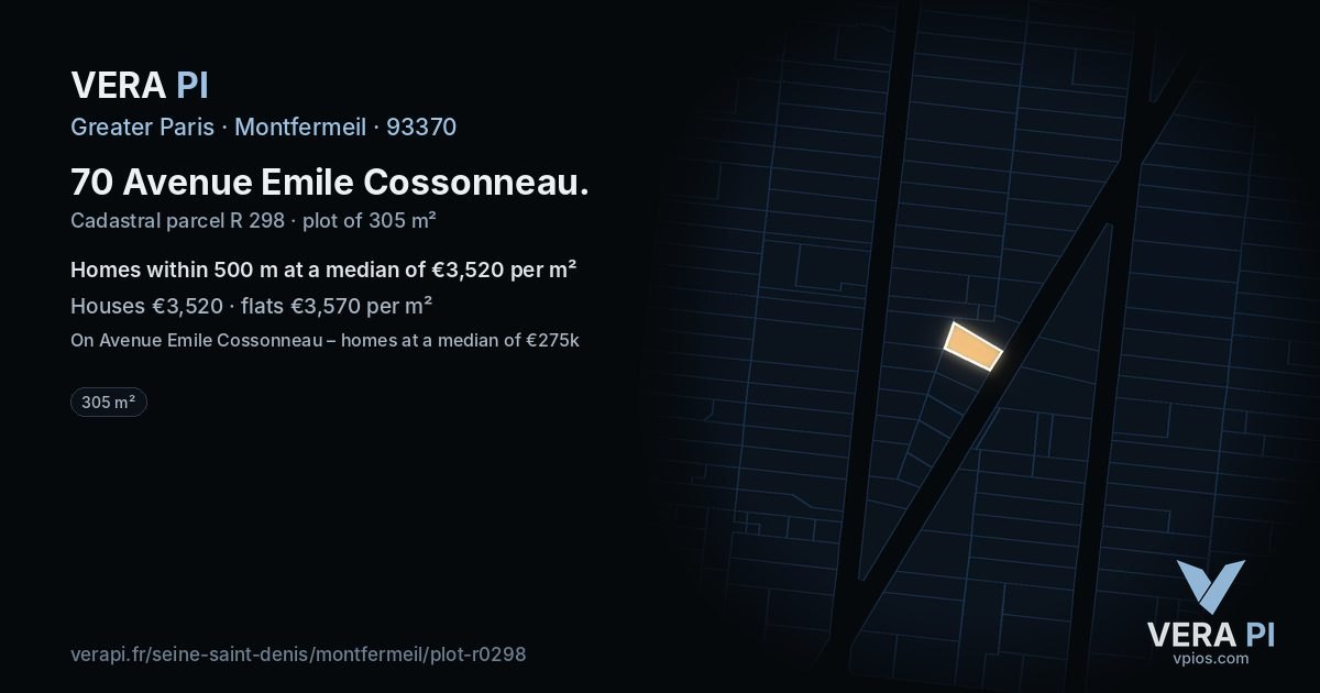 70 Avenue Emile Cossonneau, Montfermeil at night – the plot lit, the parcels around coloured by the prices near them
