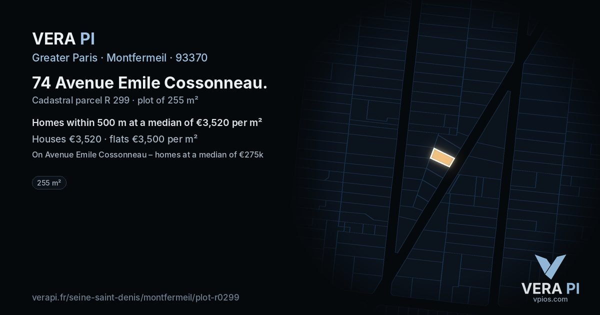 74 Avenue Emile Cossonneau, Montfermeil at night – the plot lit, the parcels around coloured by the prices near them