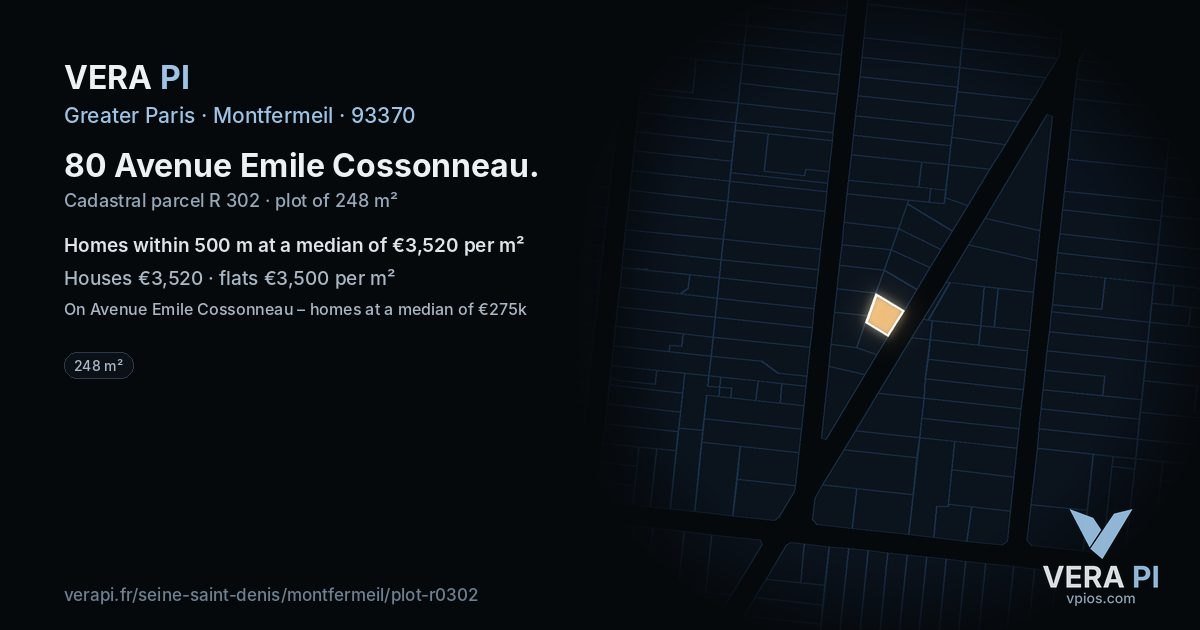 80 Avenue Emile Cossonneau, Montfermeil at night – the plot lit, the parcels around coloured by the prices near them