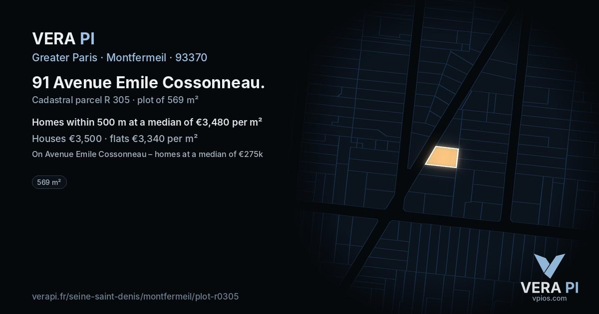 91 Avenue Emile Cossonneau, Montfermeil at night – the plot lit, the parcels around coloured by the prices near them
