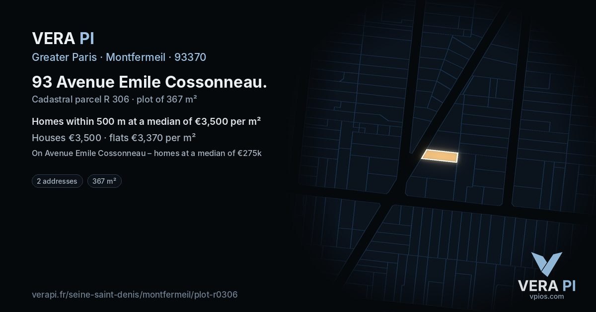93 Avenue Emile Cossonneau, Montfermeil at night – the plot lit, the parcels around coloured by the prices near them