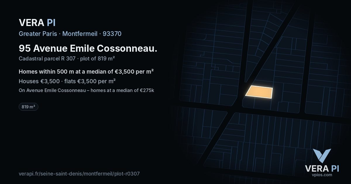 95 Avenue Emile Cossonneau, Montfermeil at night – the plot lit, the parcels around coloured by the prices near them