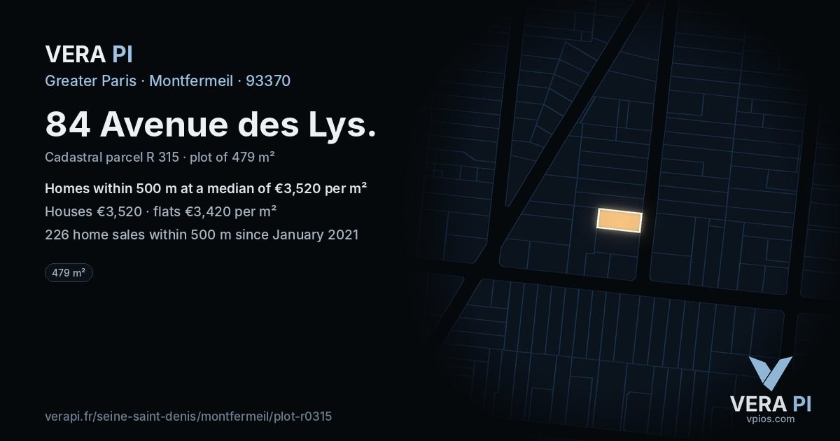 84 Avenue des Lys, Montfermeil at night – the plot lit, the parcels around coloured by the prices near them