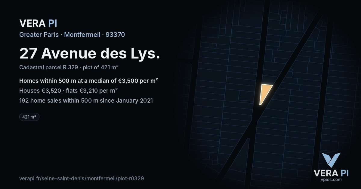 27 Avenue des Lys, Montfermeil at night – the plot lit, the parcels around coloured by the prices near them