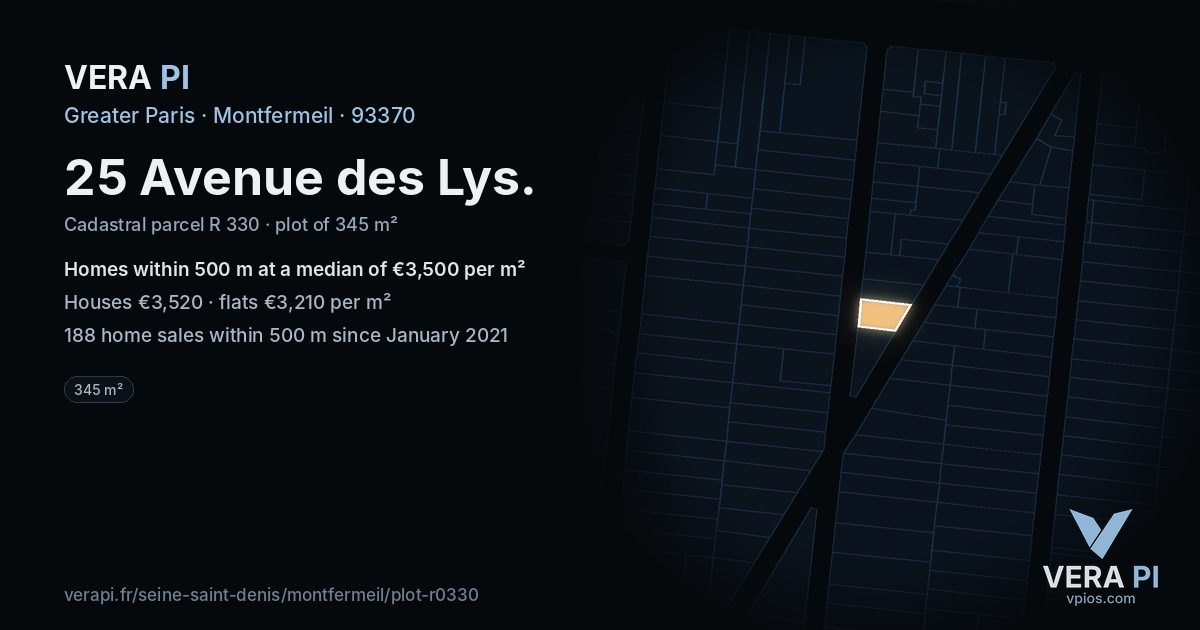 25 Avenue des Lys, Montfermeil at night – the plot lit, the parcels around coloured by the prices near them