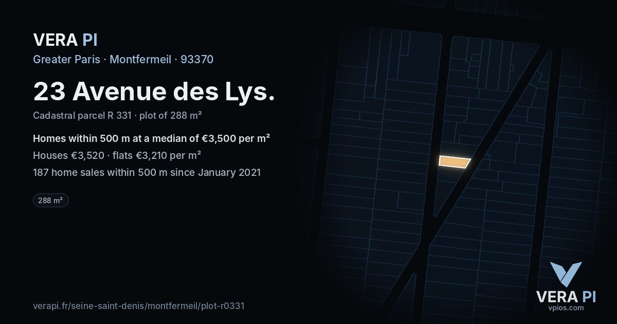 23 Avenue des Lys, Montfermeil at night – the plot lit, the parcels around coloured by the prices near them