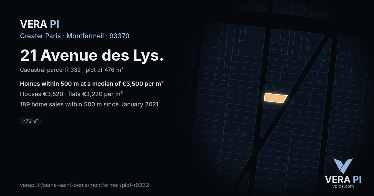 21 Avenue des Lys, Montfermeil at night – the plot lit, the parcels around coloured by the prices near them