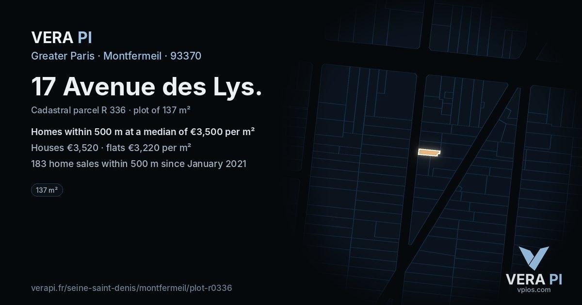 17 Avenue des Lys, Montfermeil at night – the plot lit, the parcels around coloured by the prices near them
