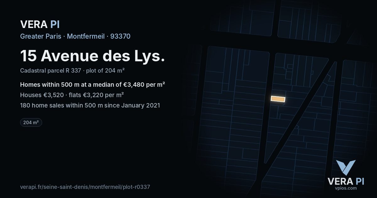 15 Avenue des Lys, Montfermeil at night – the plot lit, the parcels around coloured by the prices near them