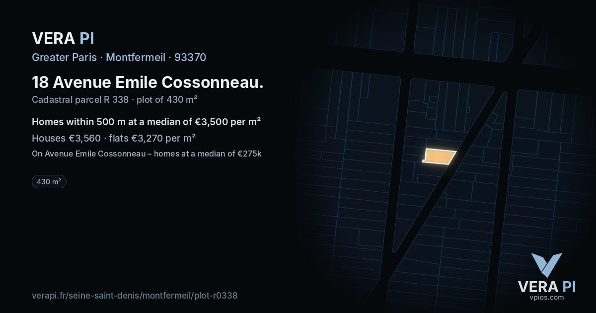 18 Avenue Emile Cossonneau, Montfermeil at night – the plot lit, the parcels around coloured by the prices near them