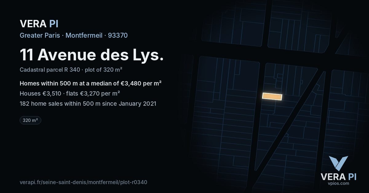 11 Avenue des Lys, Montfermeil at night – the plot lit, the parcels around coloured by the prices near them