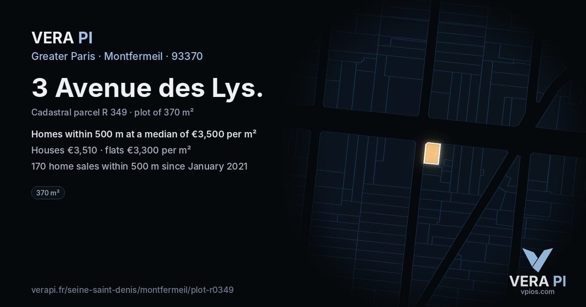 3 Avenue des Lys, Montfermeil at night – the plot lit, the parcels around coloured by the prices near them