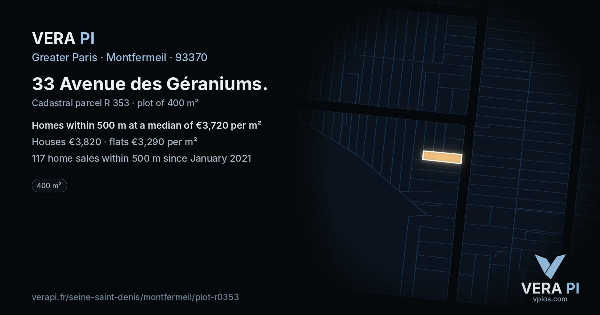 33 Avenue des Géraniums, Montfermeil at night – the plot lit, the parcels around coloured by the prices near them