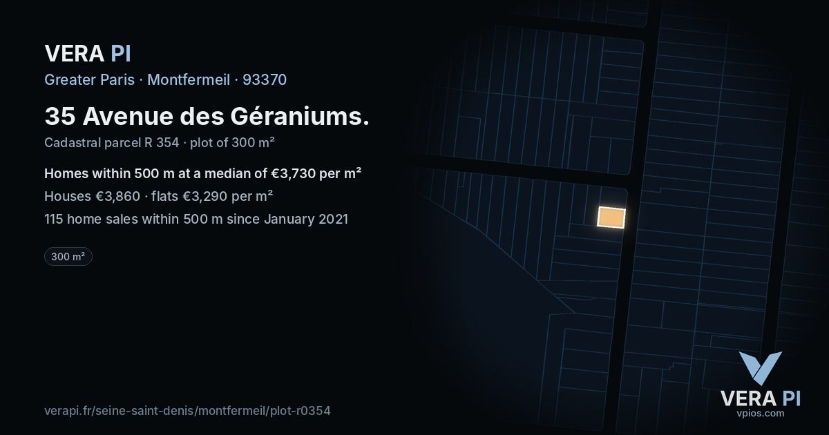 35 Avenue des Géraniums, Montfermeil at night – the plot lit, the parcels around coloured by the prices near them