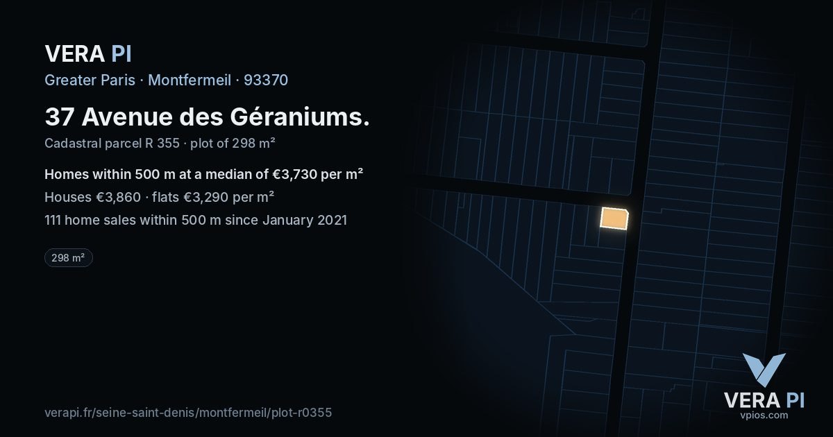 37 Avenue des Géraniums, Montfermeil at night – the plot lit, the parcels around coloured by the prices near them