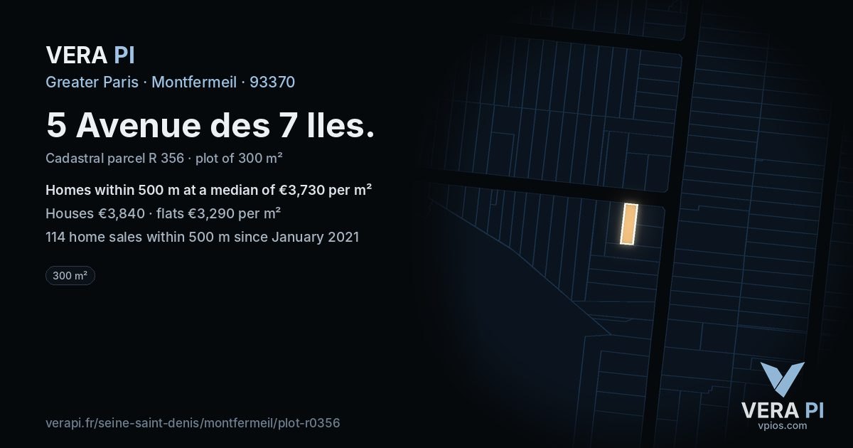5 Avenue des 7 Iles, Montfermeil at night – the plot lit, the parcels around coloured by the prices near them
