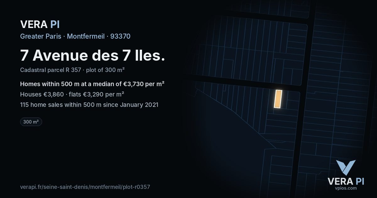 7 Avenue des 7 Iles, Montfermeil at night – the plot lit, the parcels around coloured by the prices near them