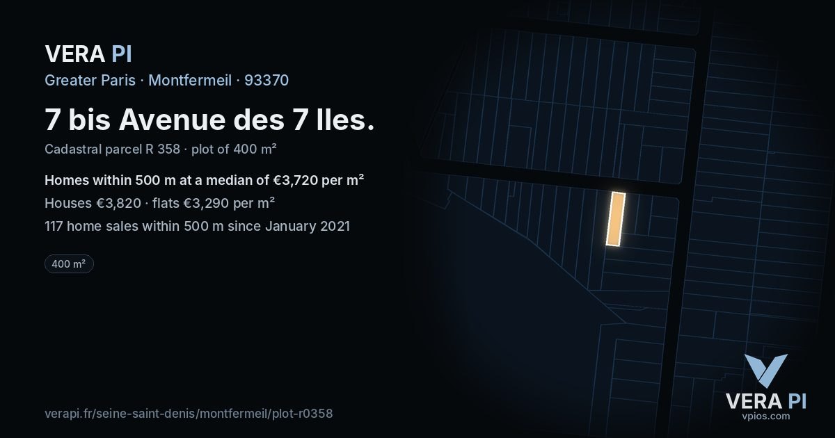 7 bis Avenue des 7 Iles, Montfermeil at night – the plot lit, the parcels around coloured by the prices near them