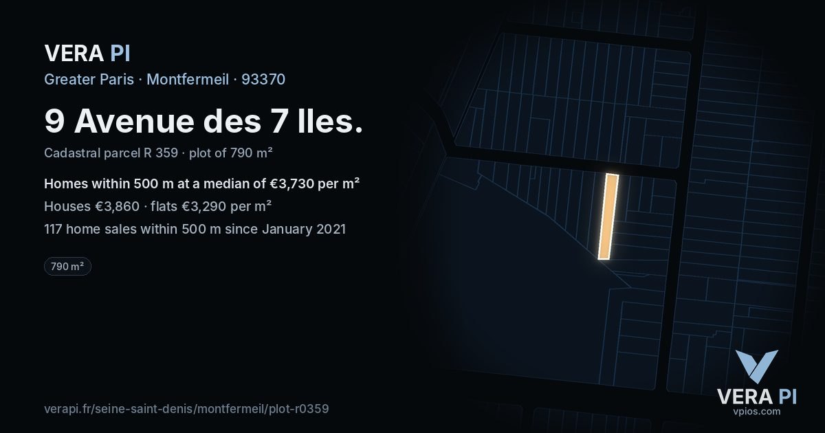 9 Avenue des 7 Iles, Montfermeil at night – the plot lit, the parcels around coloured by the prices near them