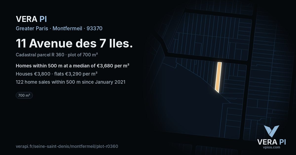 11 Avenue des 7 Iles, Montfermeil at night – the plot lit, the parcels around coloured by the prices near them