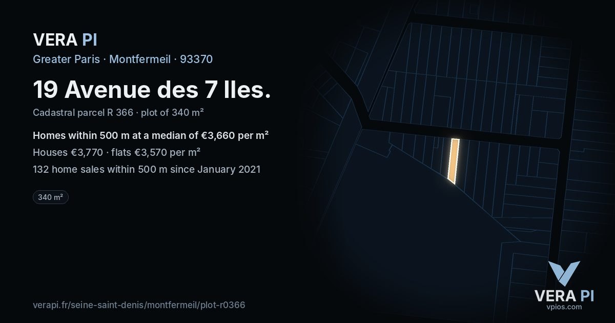 19 Avenue des 7 Iles, Montfermeil at night – the plot lit, the parcels around coloured by the prices near them