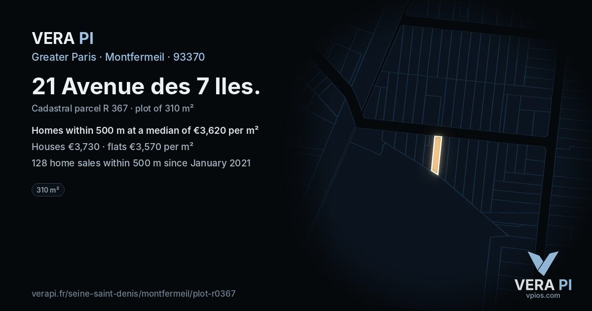 21 Avenue des 7 Iles, Montfermeil at night – the plot lit, the parcels around coloured by the prices near them