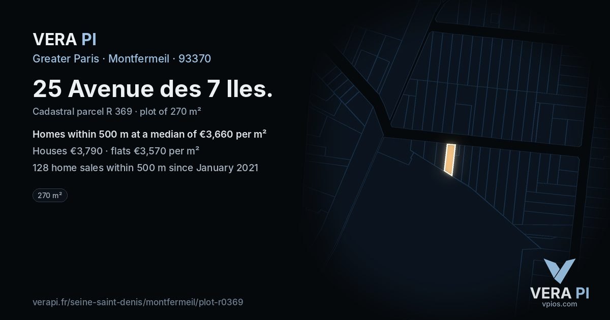 25 Avenue des 7 Iles, Montfermeil at night – the plot lit, the parcels around coloured by the prices near them
