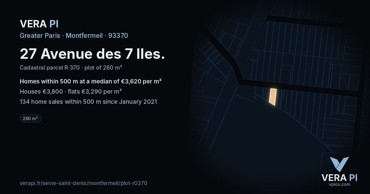 27 Avenue des 7 Iles, Montfermeil at night – the plot lit, the parcels around coloured by the prices near them