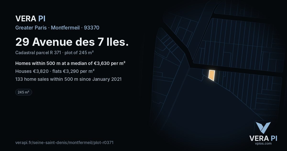 29 Avenue des 7 Iles, Montfermeil at night – the plot lit, the parcels around coloured by the prices near them