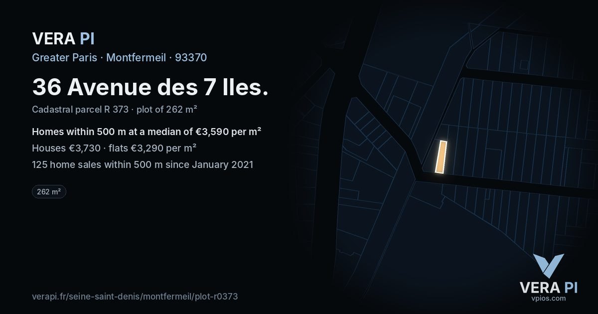 36 Avenue des 7 Iles, Montfermeil at night – the plot lit, the parcels around coloured by the prices near them