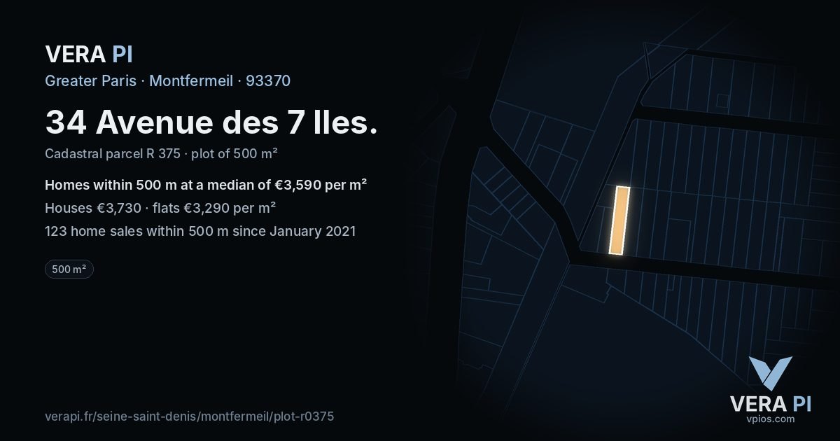 34 Avenue des 7 Iles, Montfermeil at night – the plot lit, the parcels around coloured by the prices near them