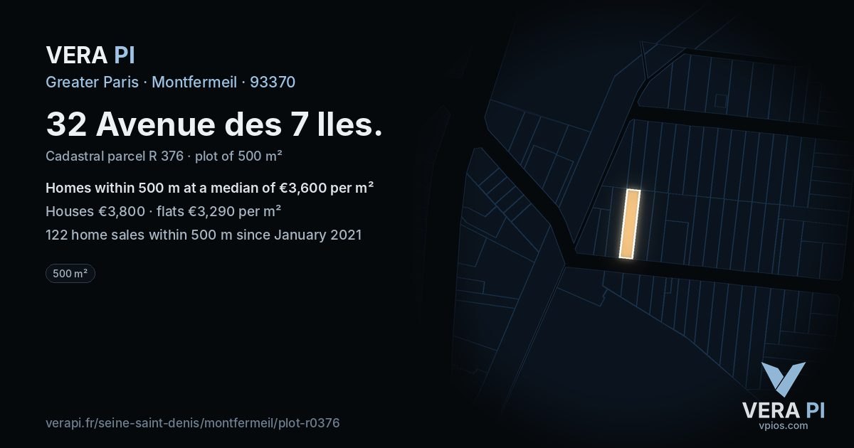 32 Avenue des 7 Iles, Montfermeil at night – the plot lit, the parcels around coloured by the prices near them