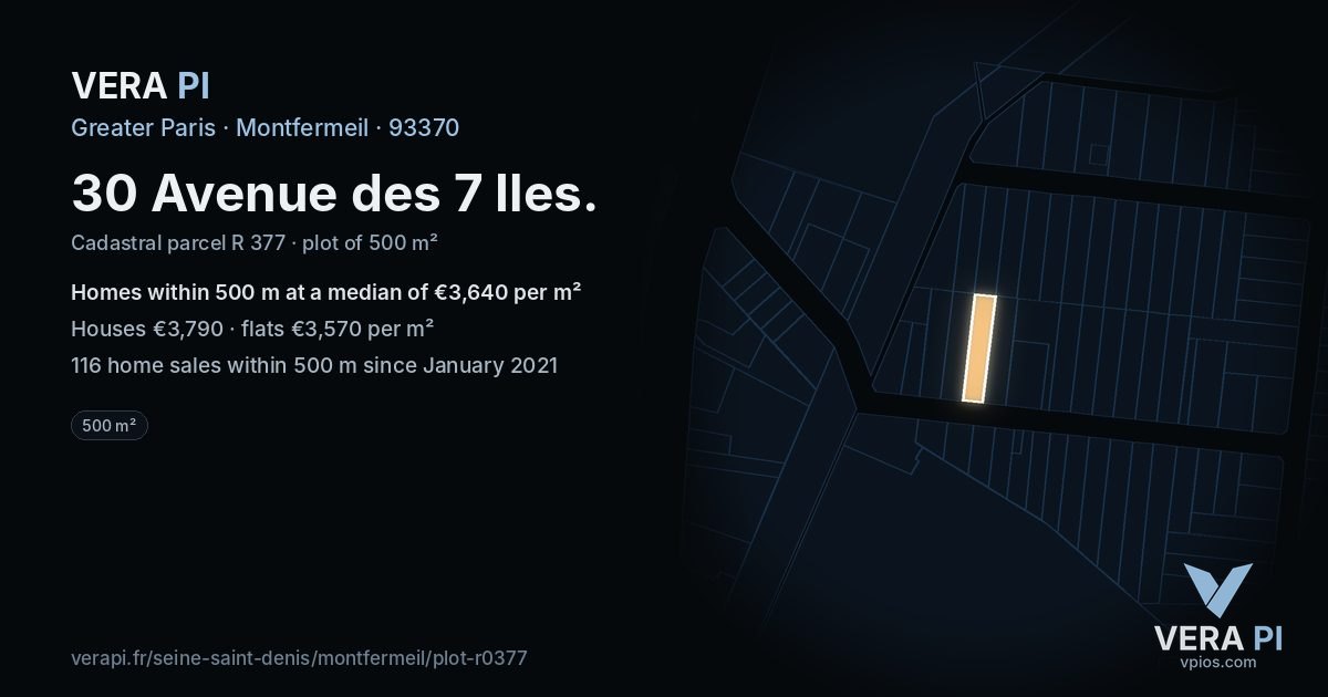 30 Avenue des 7 Iles, Montfermeil at night – the plot lit, the parcels around coloured by the prices near them