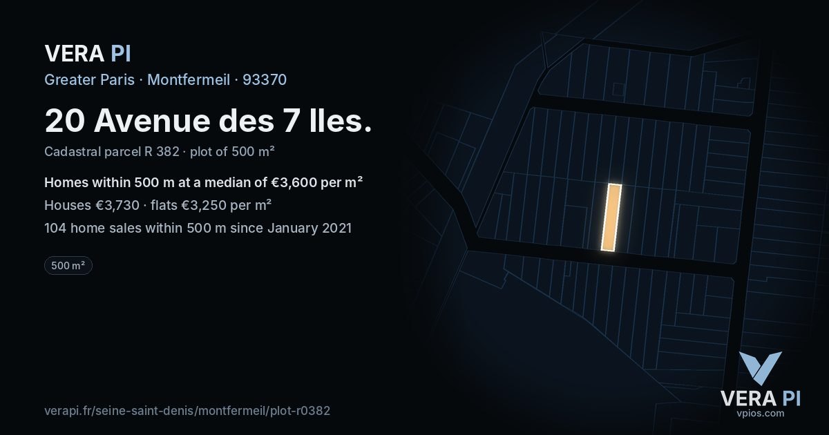 20 Avenue des 7 Iles, Montfermeil at night – the plot lit, the parcels around coloured by the prices near them