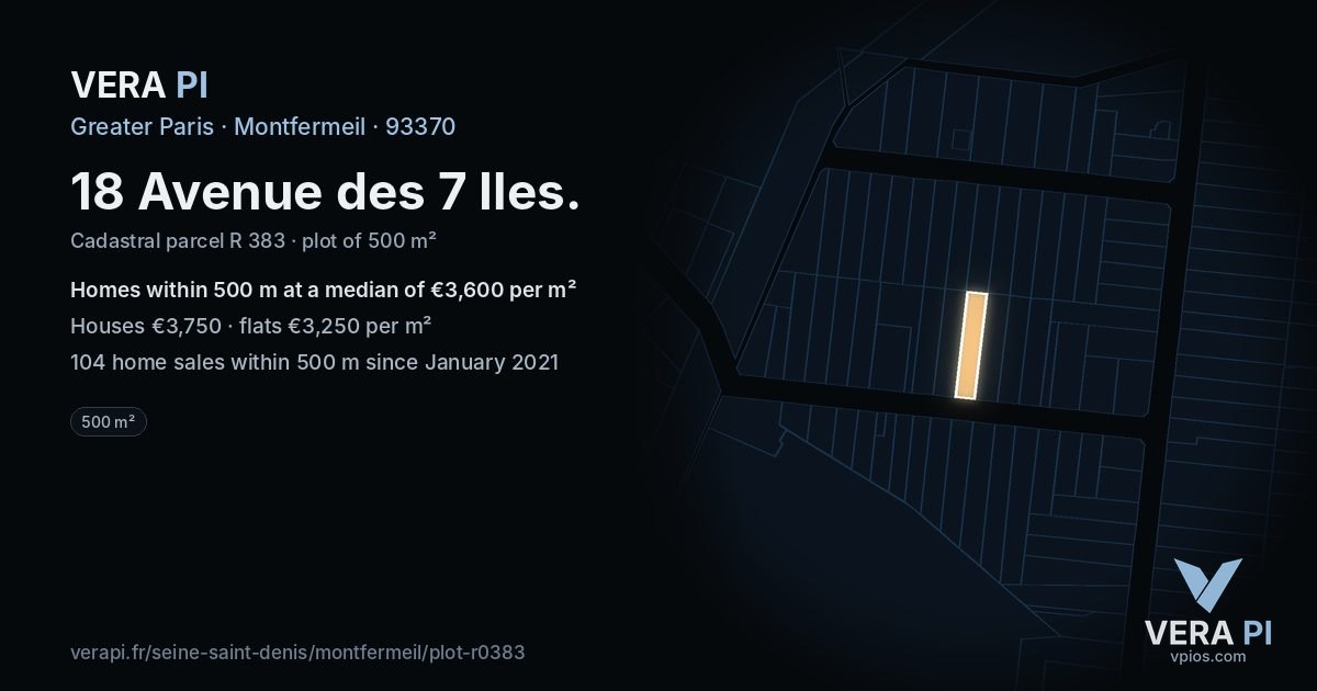 18 Avenue des 7 Iles, Montfermeil at night – the plot lit, the parcels around coloured by the prices near them