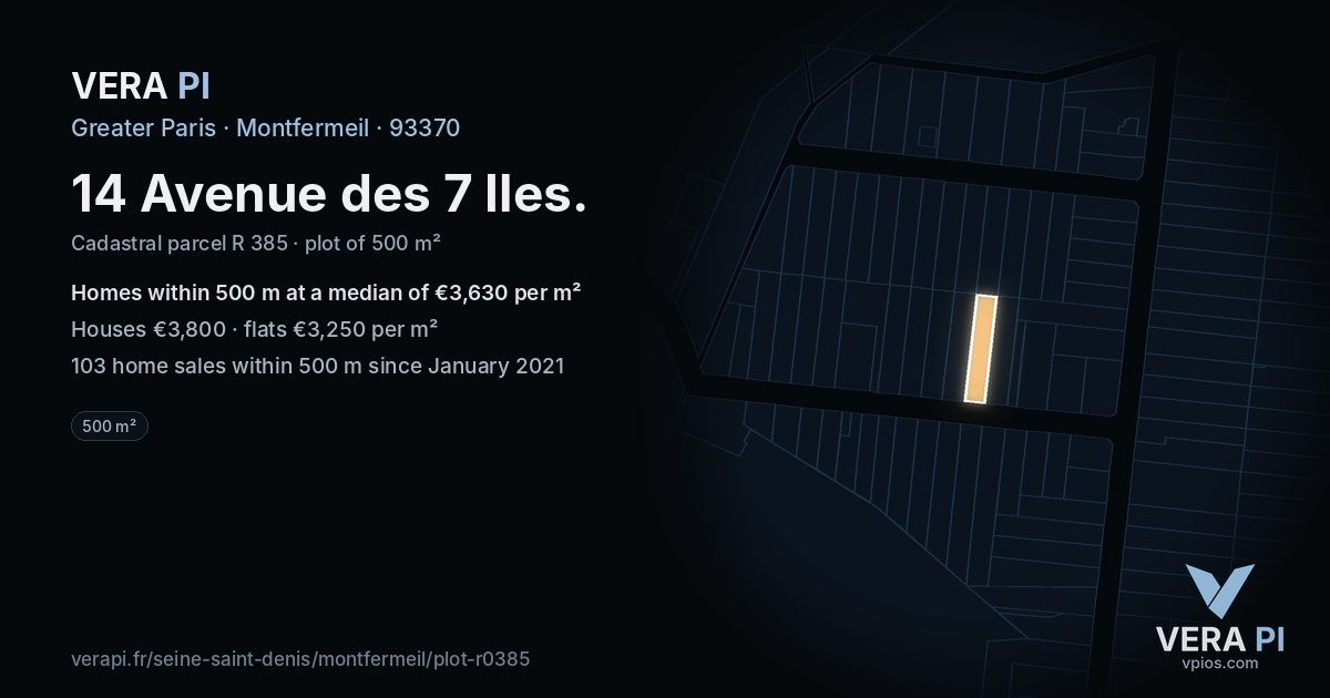 14 Avenue des 7 Iles, Montfermeil at night – the plot lit, the parcels around coloured by the prices near them