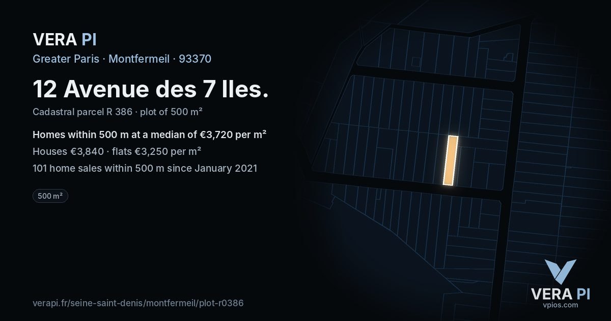 12 Avenue des 7 Iles, Montfermeil at night – the plot lit, the parcels around coloured by the prices near them