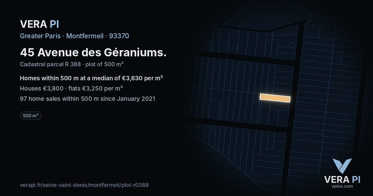45 Avenue des Géraniums, Montfermeil at night – the plot lit, the parcels around coloured by the prices near them