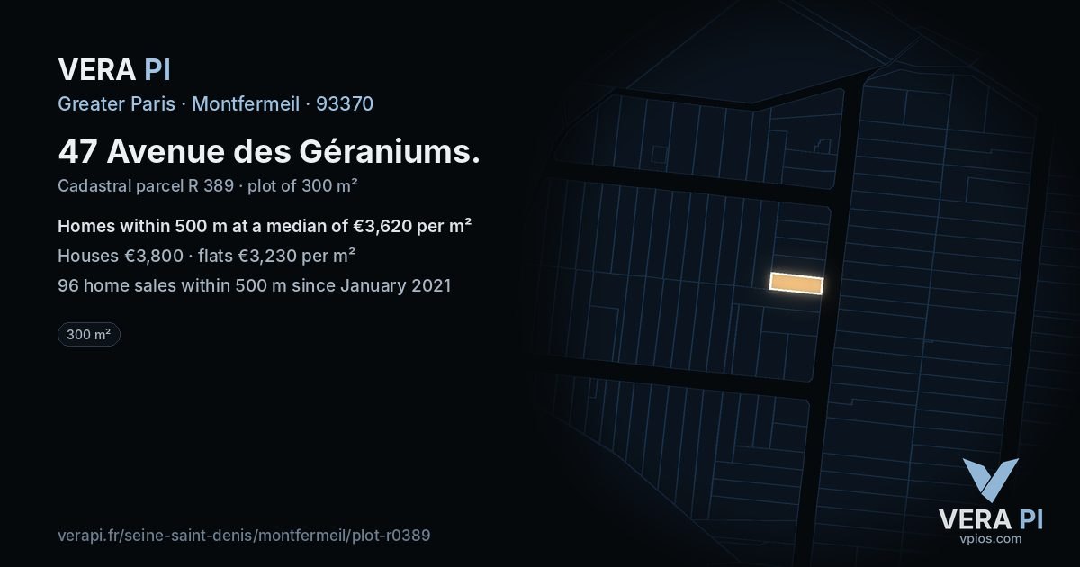 47 Avenue des Géraniums, Montfermeil at night – the plot lit, the parcels around coloured by the prices near them