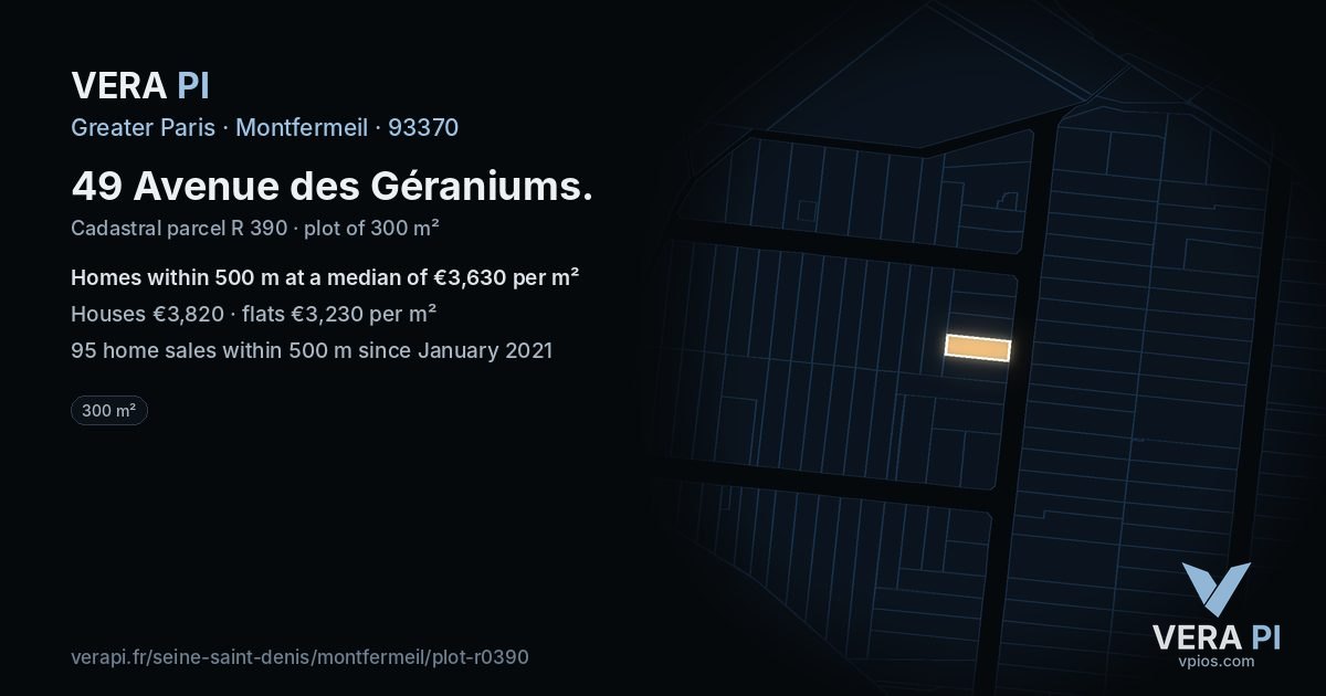 49 Avenue des Géraniums, Montfermeil at night – the plot lit, the parcels around coloured by the prices near them