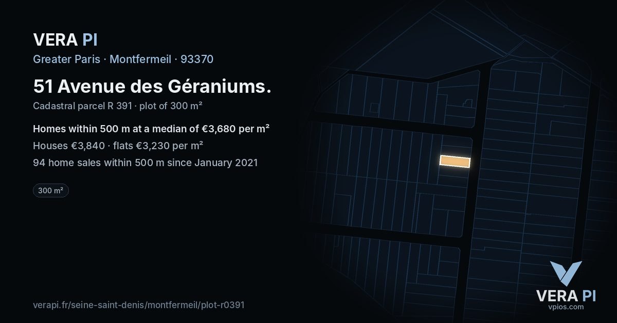 51 Avenue des Géraniums, Montfermeil at night – the plot lit, the parcels around coloured by the prices near them