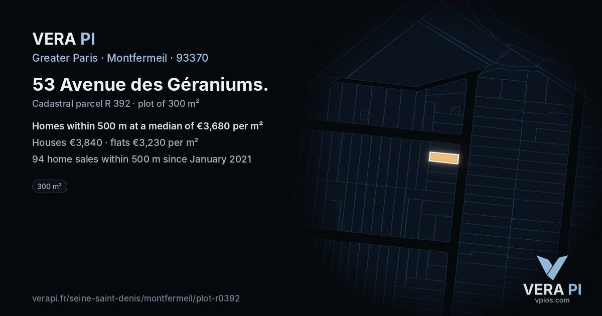 53 Avenue des Géraniums, Montfermeil at night – the plot lit, the parcels around coloured by the prices near them