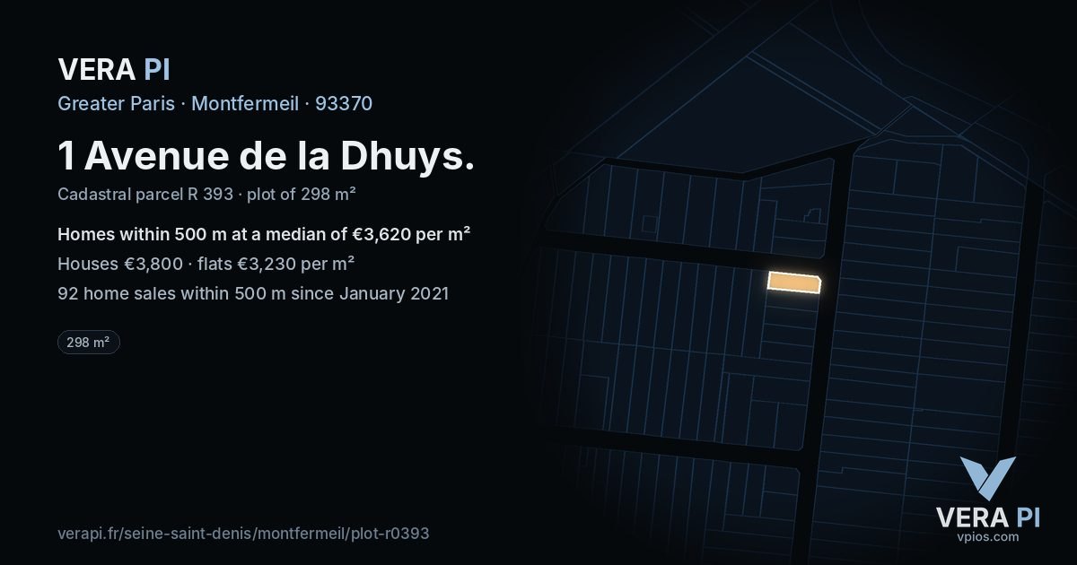 1 Avenue de la Dhuys, Montfermeil at night – the plot lit, the parcels around coloured by the prices near them
