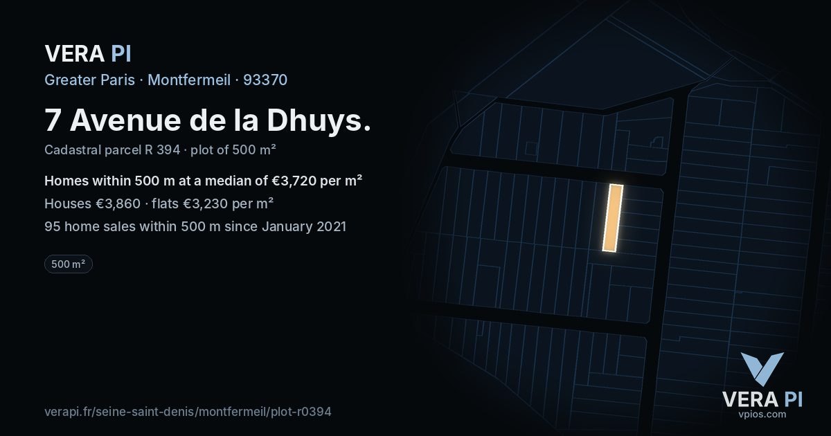 7 Avenue de la Dhuys, Montfermeil at night – the plot lit, the parcels around coloured by the prices near them