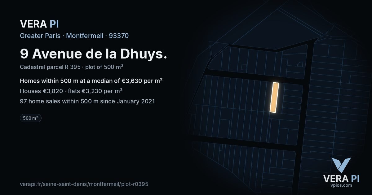 9 Avenue de la Dhuys, Montfermeil at night – the plot lit, the parcels around coloured by the prices near them