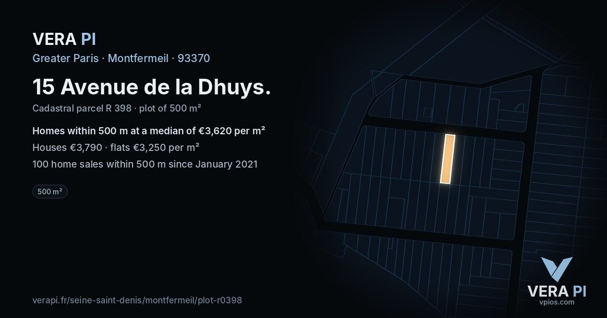 15 Avenue de la Dhuys, Montfermeil at night – the plot lit, the parcels around coloured by the prices near them