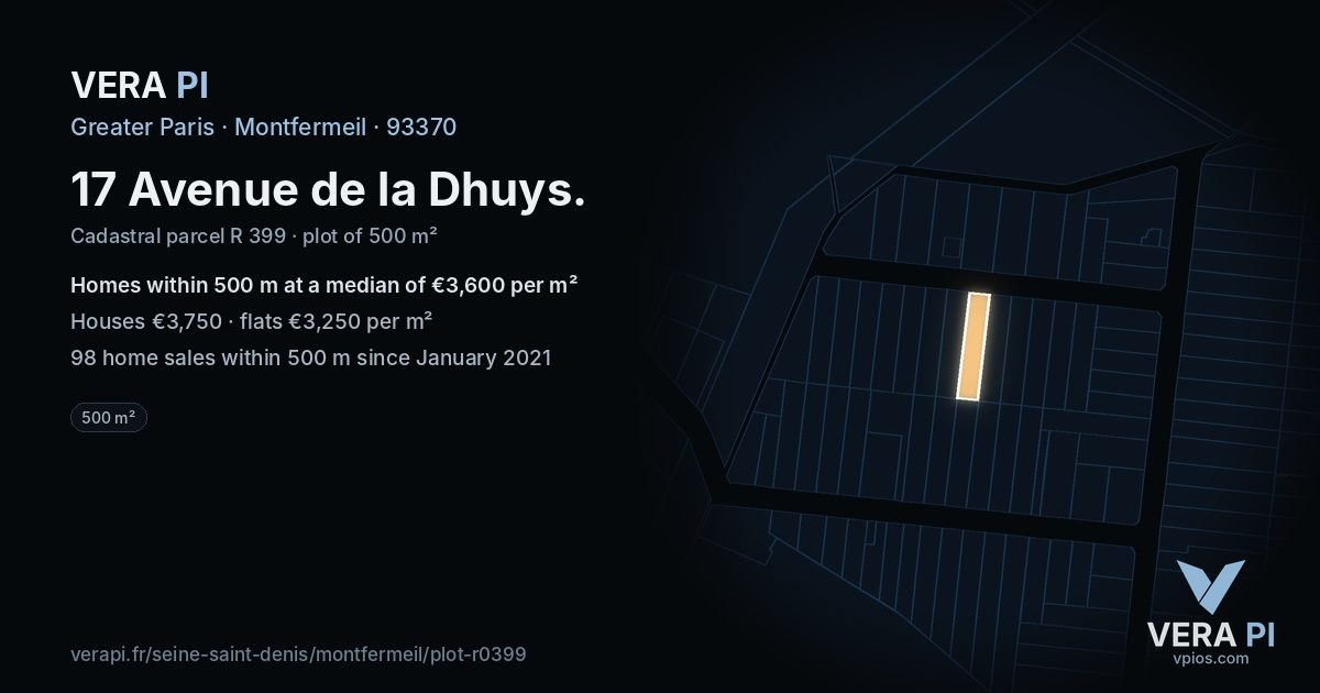 17 Avenue de la Dhuys, Montfermeil at night – the plot lit, the parcels around coloured by the prices near them
